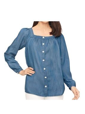 Chambray Square Neck Button Front Blouse XS NWT